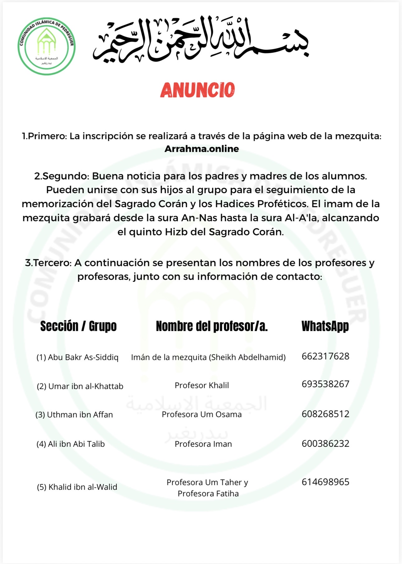 Anuncio de la escuela de la mezquita Arrahma en español – información de profesores y contacto